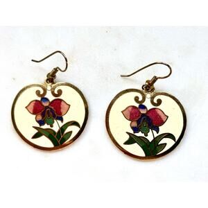 Vintage Cloisonne Iris Floral Dangle Earrings